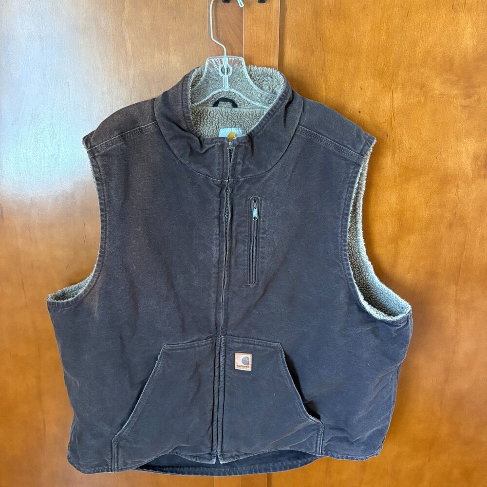 CARHARTT Brown Washed Duck Sherpa Lined Mock Neck Vest Mens Size 2XL